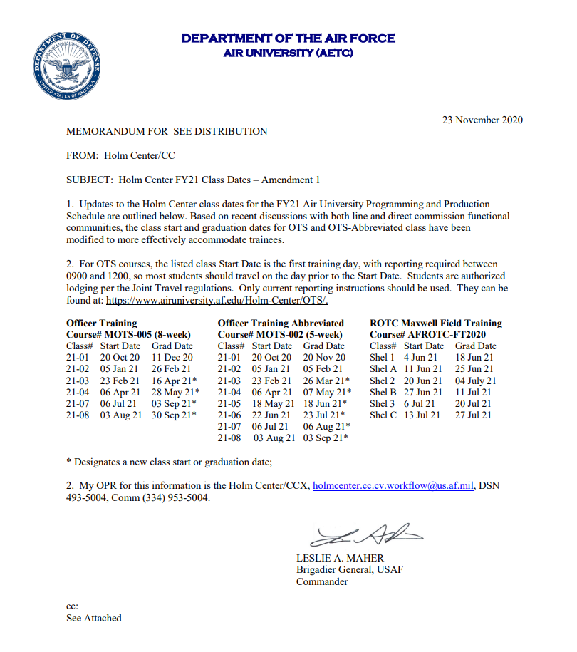 FY2021 Officer Training Schedule Air Force Journey